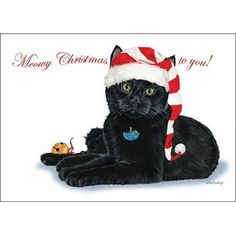 a black cat wearing a santa hat and holding a christmas ornament in its paws