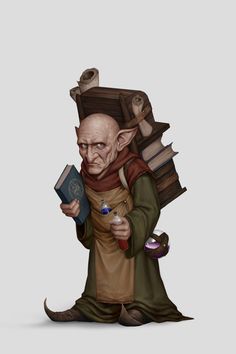 a cartoon character holding a book and an object in his hand, while standing next to a pile of books