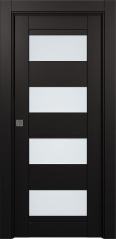 a black and white door with vertical stripes on the glass, side panels and top panel