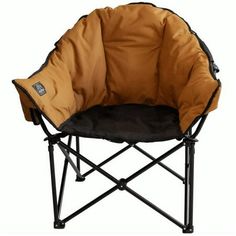 a brown and black camping chair with a padded seat cover on the bottom half of it