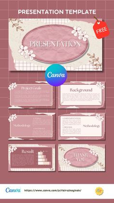 a pink and white presentation template with flowers on the front, an oval sign that says presentation