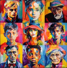 a painting of many different people with hats and glasses on them, all painted in bright colors