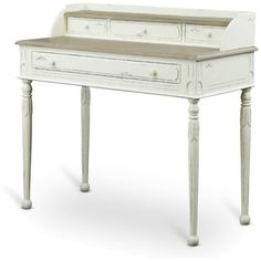 an old white desk with drawers on the top and bottom, sitting in front of a white background