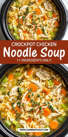 crockpot chicken noodle soup with carrots, celery and noodles