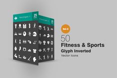 the 50 fitness and sports glyph inverted icons are shown in this box, which contains