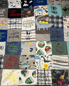 a quilt made up of various children's t - shirts with words and animals on them