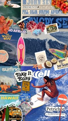 the collage shows different types of surfboards and other things on display in this image