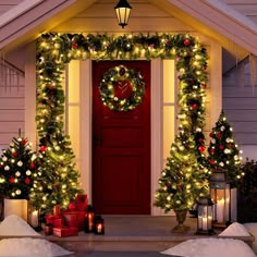 christmas decorations on the front door of a house