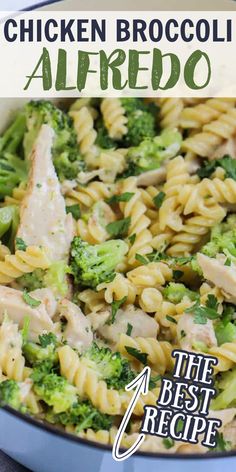 chicken broccoli alfredo in a blue skillet with the title text above it