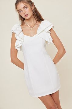 Off white fitted mini dress with a scrunch puff sleeve detail. 97% Polyester 3% Spandex