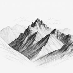 a pencil drawing of mountains with snow on the top and one mountain in the distance