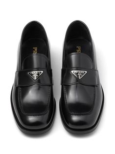 Square Toe Loafers, Prada Loafers, Hardware Logo, Prada Logo, Leather Silver, Prada, Silver Tone, Top Brands, Black Leather