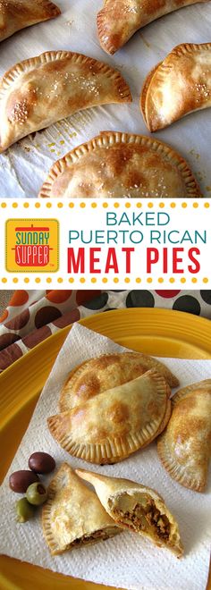 baked puerto rican meat pies with olives on a yellow platter and an advertisement for simply supper