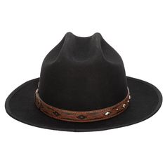 Features: Brim Size: 2.75" 100% wool Size: Men's s/m: 58cm, l/xl: 60cm Wool felt cowboy hat with embossed faux leather trim and studs Leather Fedora For Western-themed Events, Black Leather Hat Bands For Winter, Leather Flat Brim Fedora For Festivals, Black Western Hat With Leather Sweatband, Leather Brimmed Felt Hat For Western-themed Events, Western Style Felt Hat For Winter Festivals, Leather Hats For Ranch In Winter, Western Style Winter Festival Felt Hat, Fall Leather Fedora For Country Events