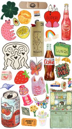 an assortment of stickers and magnets on a white background, including food items