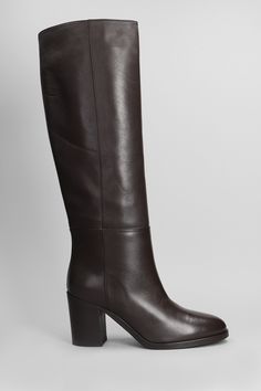 High heels boots in dark brown leather, almond toe, straight leg, heel 75mm, leather sole, 100% leather, Made in Italy Luxury Brown Knee-high Heeled Boots, Office Heeled Boots With Calf Leather And Leather Lining, Office Heeled Boots With Leather Lining, Brown Square Toe Calf Leather Knee-high Boots, Brown Square Toe Knee-high Calf Leather Boots, Office Heeled Boots With Reinforced Heel In Calf Leather, Brown Calf Leather Knee-high Boots With Square Toe, Classic Brown Heeled Boots With Reinforced Heel, Calf Leather Heeled Boots For Office With Reinforced Heel