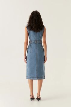 Darcie Denim Midi Dress | 90's Wash | Aje – Aje ROW Belted Denim Dress For Summer Workwear, Denim Midi Dress With Short Sleeves For Work, Belted Midi Denim Dress For Work, Chic Belted Knee-length Denim Dress, Chic Knee-length Belted Denim Dress, Short Sleeve Belted Denim Workwear Dress, Belted Denim Dress With Short Sleeves For Work, Knee-length Belted Denim Dress For Work, Chic Belted Denim Dress For Work