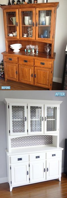 before and after pictures of a dining room hutch with glass doors, the top is white