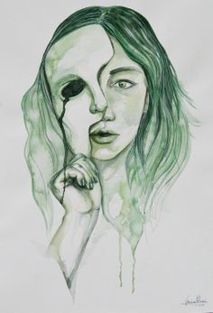 a drawing of a woman with green hair holding a magnifying glass in her hand