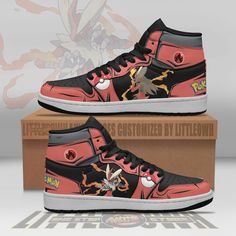 a pair of red and black high top sneakers with pokemon logos on the uppers