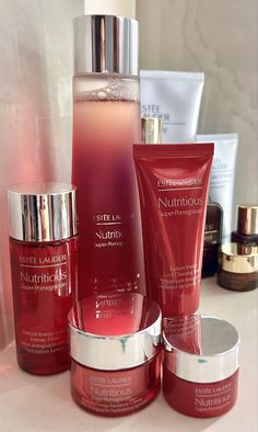 Estee Lauder Skincare Aesthetic, Red Skin Care Aesthetic, Sheet Masks Aesthetic, Red Skincare Packaging, Red Clean Girl Aesthetic, Red Skincare Aesthetic, Estee Lauder Aesthetic, Red Wonyoungism, Red Girly Aesthetic