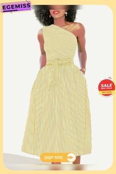 Sleeveless Stripes A-line One Shoulder Work Dress Sundress Midi, Midi Dresses For Women, Work Dress, Vacation Dresses, Unique Designers, Midi Dresses, Dresses For Women, Women's Fashion Dresses, Sundress