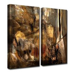 two abstract paintings with brown and yellow colors on canvases, one is in the foreground