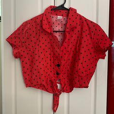 Red And Black Polka Dotted Vintage Style Pin Up Top. 3 Buttons With A Collar And Tie On Bottom. Cropped. Never Worn! Vintage, Pin Up, Punk, Lucky 13 Black Pin Up, Boho Goth, Rockabilly Outfits, Lucky 13, Pin Up Outfits, Black Pins, Vintage Pin Up, Pin Up Style, Red Top