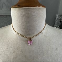 Brand New. Lobster Clasp In The Back. Pink Butterfly Charm. Pink Choker Jewelry For Spring, Pink Butterfly Charm Necklace For Party, Pink Choker Jewelry For Summer, Pink Summer Choker Jewelry, Pink Choker Necklace For Spring, Pink Choker For Summer, Cute Pink Summer Necklaces, Trendy Pink Butterfly Charm Jewelry, Trendy Pink Jewelry With Butterfly Charm