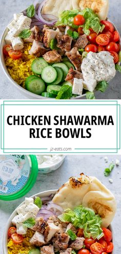 chicken shawarma rice bowls with lettuce, tomatoes and cucumbers