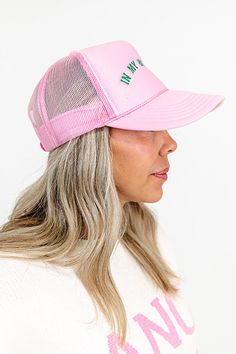 -Fun embroidered lettering " In My Mom Era " -Seamless foam front panel with breathable mesh backing -Adjustable snap closure In My Mom Era, Embroidered Lettering, Mom Era, My Mom, Snap Closure, Trucker Hat, Mesh, Hats, Pink