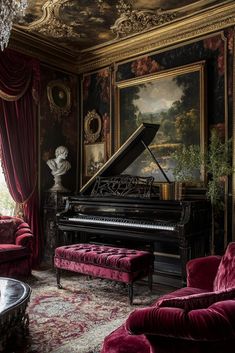 a living room with red couches and a grand piano