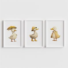 three ducks with hats and umbrellas on their heads are shown in three different frames