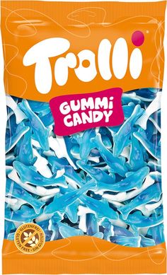 troll gummy candy bag filled with blue and white gummy candies on an orange background