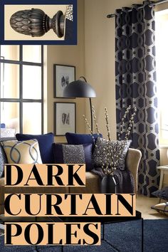 Living room in blue and beige colour, wooden curtain poles painted in dark blue. Dark Blue Curtains, Dark Curtains, Blue Curtains, Beautiful Windows