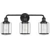 three light vanity fixture with clear glass shades and black metal arm, on an isolated white background