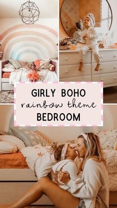 I love our daughter's girly boho rainbow theme kids room design!  We designed this adorable boho girl's room for Kolly with peach walls & a rainbow wall that we absolutely love!! This eclectic kids room is one of my favorite rooms in the house!