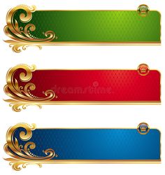 three different colored banners with gold trimmings