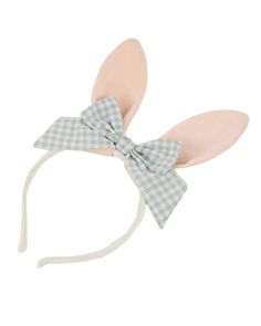 Description This bunny ears headband features a large dusty mint gingham bow. A stylish look for Easter and a great addition to a dressing up box for imaginative play all year round. Details Pale peach velvet ears Flexible metal headband covered with ivory velvet ribbon Dusty mint gingham bow Product dimensions: 6 x 10.5 x 1 inches Do's and Don'ts Suitable for ages 3+ Spring Hair Accessories With Matching Headband For Playtime, Cute Spring Headband For Playtime, Cute Adjustable Bow For Spring, Cute Adjustable Bunny Ears Headband, Playful Bow Headband For Gift, Playful Adjustable Bow For Summer, Adjustable Playful Bow For Summer, Playful Bow Headband Hair Accessory, Cute Adjustable Bunny Ears Hair Accessories