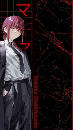 an anime character standing in front of a black and red background