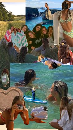 the collage shows many different people in bathing suits and swimsuits, including one woman taking pictures with her cell phone