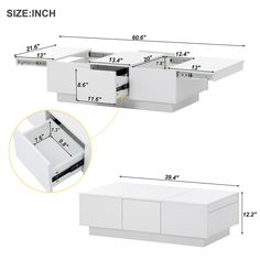 two white drawers are shown with measurements for each drawer and the other side is open