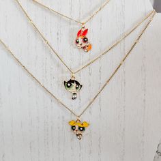 Powerpuff Girls necklaces Blosoom, Buttercup and Bubbles.  Fashion pendant for Sister or friends. Golden Necklaces, Necklaces For Girls, Golden Necklace, Fashion Pendant, Girls Necklaces, Powerpuff Girls, Pendant Necklaces, For Girls, Jewelry Necklace Pendant