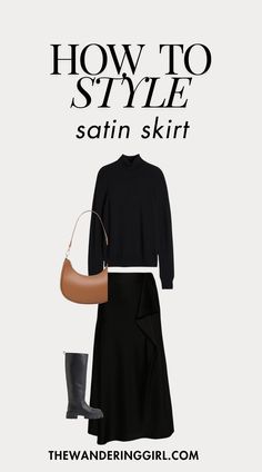 16 Amazing Satin Skirt Outfits Everyone Is Obsessed With - The Wandering Girl Black Silk Midi Skirt Outfit, Long Sleeve Sweater Outfit, Winter Maxi Skirt Outfit, Black Maxi Skirt Outfit, Midi Skirt Outfit Winter, Satin Pleated Skirt