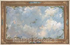 an old painting with angels flying in the sky and clouds on it's sides