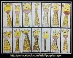 a group of giraffes with faces drawn on them, all in different poses