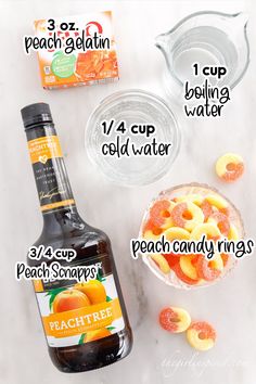 ingredients to make peach ice cream on a white counter top with text overlay that says peach ice cream