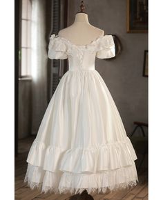 Buy ivory satin lace tea length wedding dress with off shoulder at wholesale price online. Free shipping and pro custom service since 2009. Vintage Off-shoulder Wedding Dress, Prom Dress Off Shoulder, Dream Daughter, Brown Prom Dresses, Champagne Homecoming Dresses, Yellow Homecoming Dresses, Evening Dress Wedding, Orange Prom Dresses, Purple Homecoming Dress