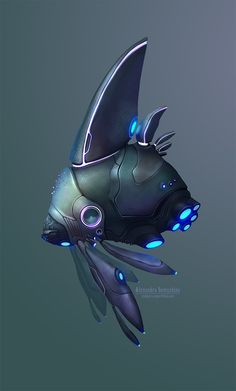 a futuristic looking fish with blue lights on it's head and wings, floating in the air