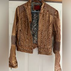 Never Worn Has Been In Storage Brand Is Celsius Premium Trendy Brown Fitted Leather Jacket, Trendy Fitted Brown Leather Jacket, Vintage Spring Outerwear With Zipper Closure, Fitted Brown Outerwear For Spring, Trendy Brown Biker Jacket For Spring, Casual Brown Leather Jacket For Spring, Trendy Brown Leather Jacket For Spring, Faux Leather Jacket, Bomber Jackets